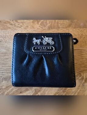 COACH Black Leather Compact Wallet with Signature Carriage Logo